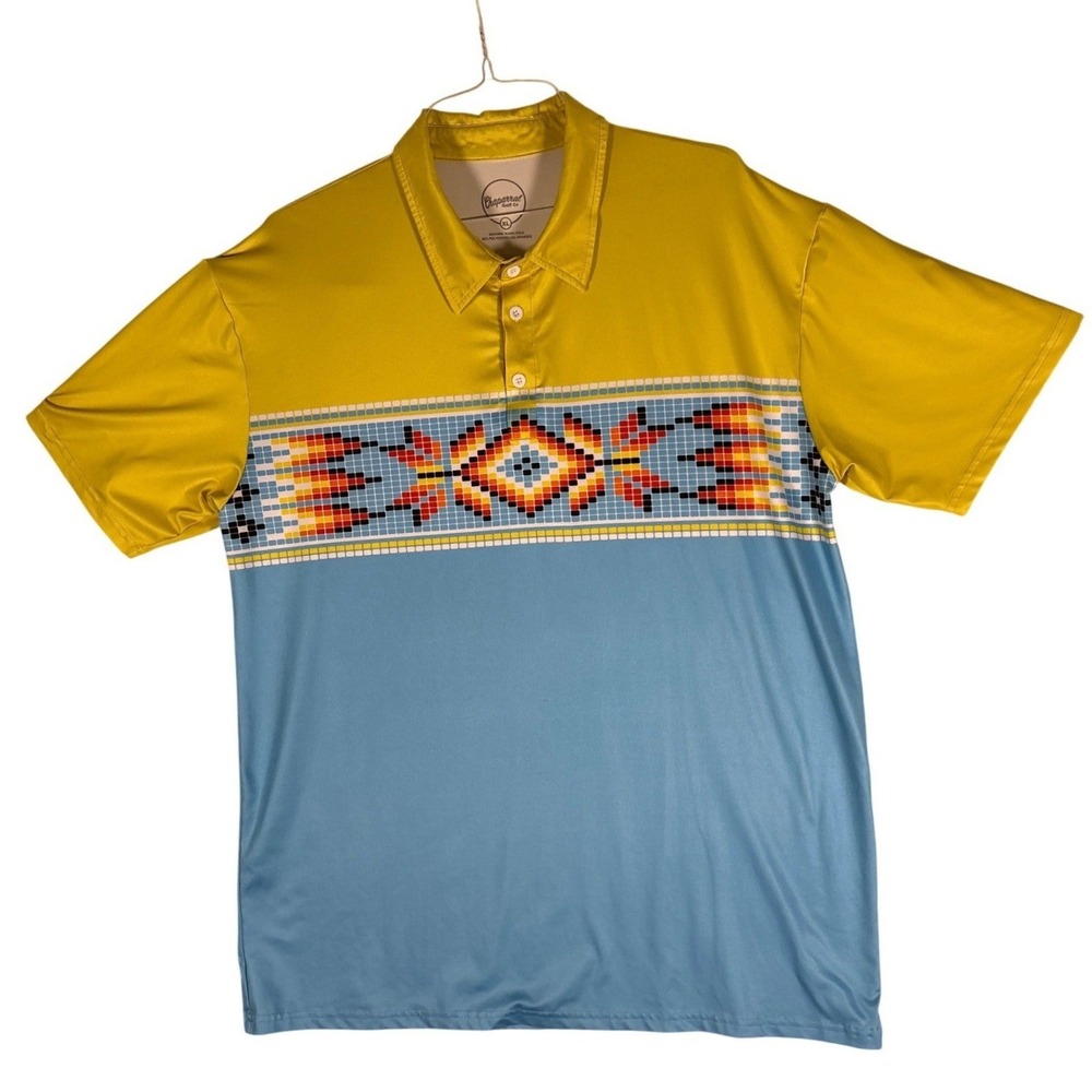 Chaparral Golf Co Mens Xl Performance Polo Shirt Yellow Blue Southwestern Print